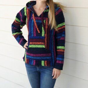 Baja Hoodie Women's Mexico Poncho Jerga Lined Pullover Sweatshirt V-neck Size S